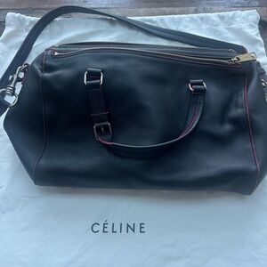 Like New Celine Black and Red Leather Triple Zipper Duffel Satchel Bag